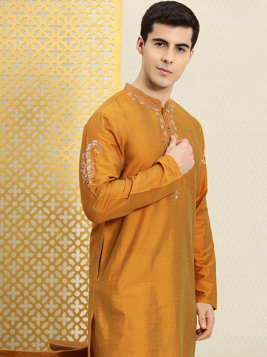 

House of Pataudi Men Thread Work Jashn Kurta, Mustard