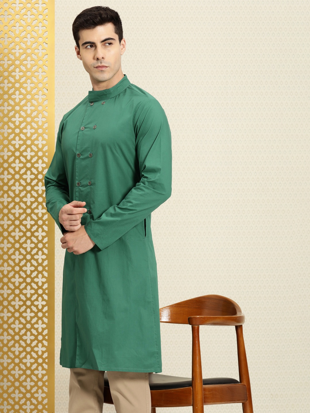 

House of Pataudi Men Pure Cotton Solid Mandarin Collar Rozana Kurta, Green