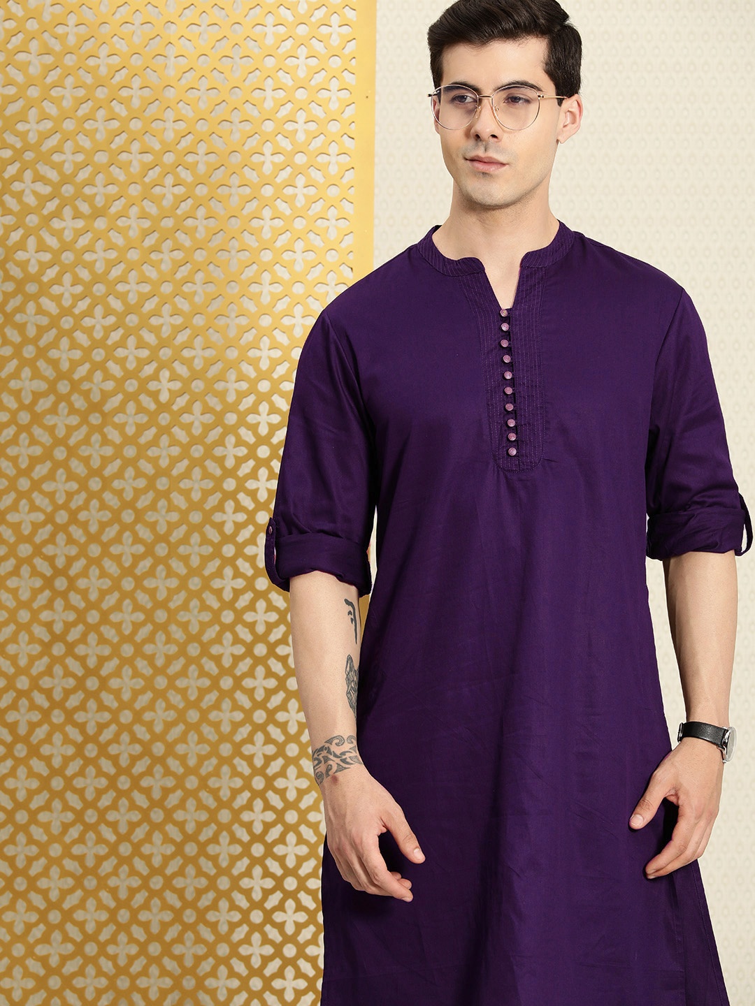 

House of Pataudi Pure Cotton Rozana Kurta, Purple