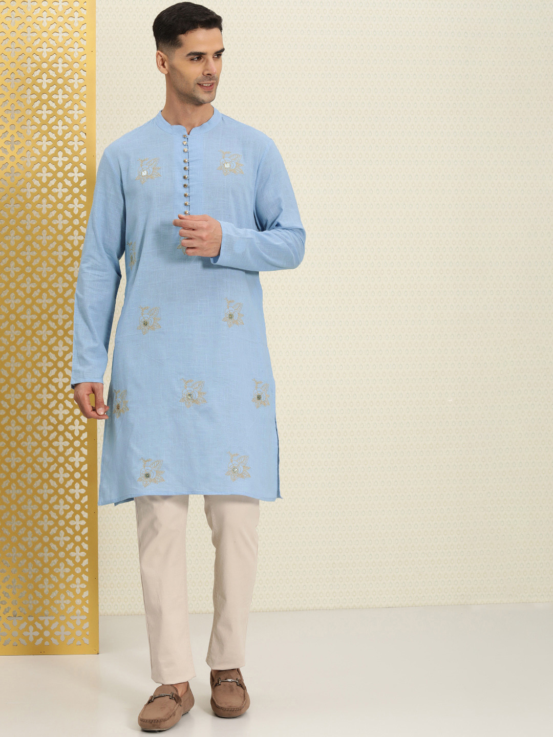 

House of Pataudi Embroidered Sequinned Detail Floral Rozana Kurta, Blue