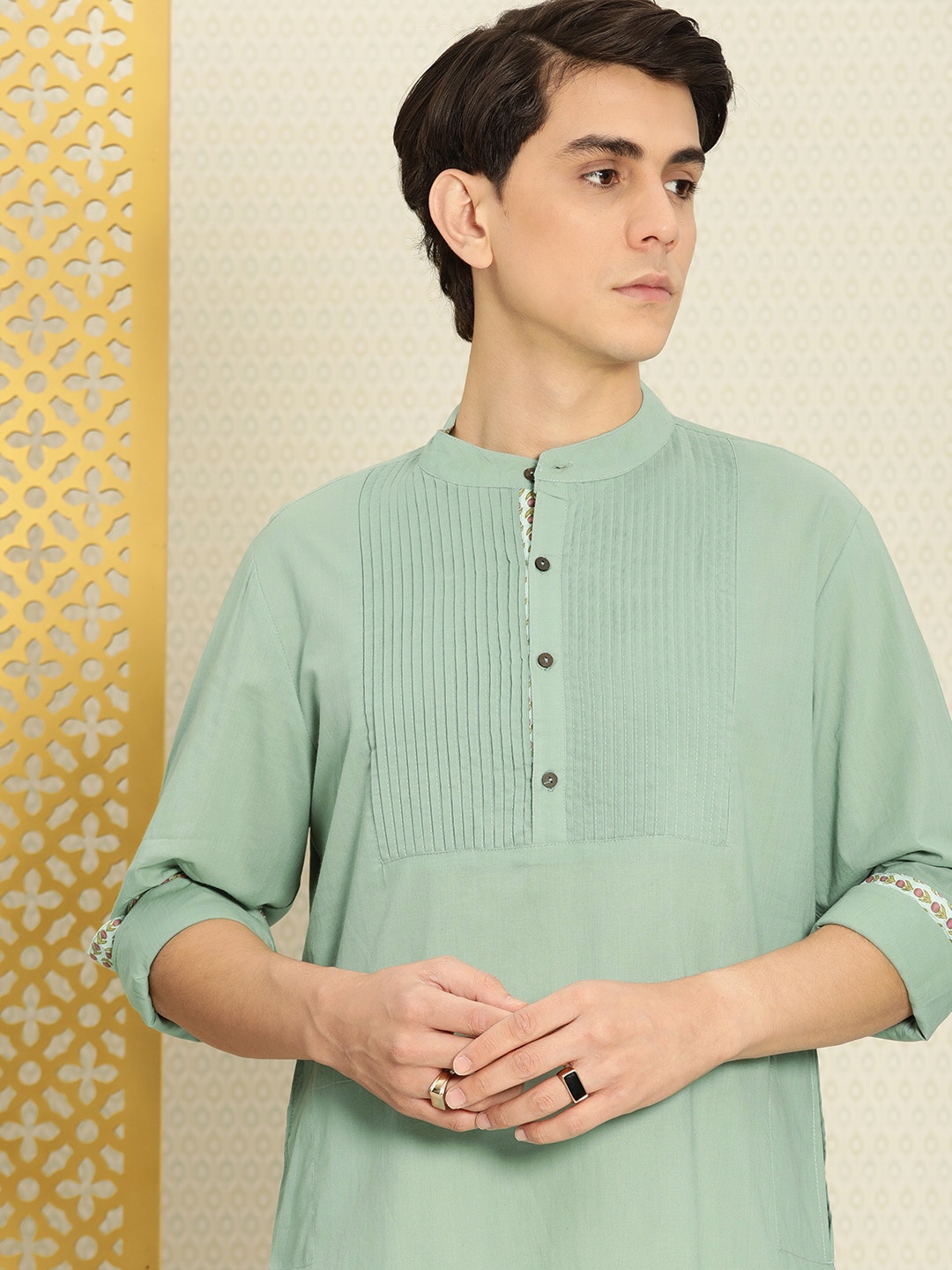 

House of Pataudi Pure Cotton Yoke Design Rozana Kurta, Green