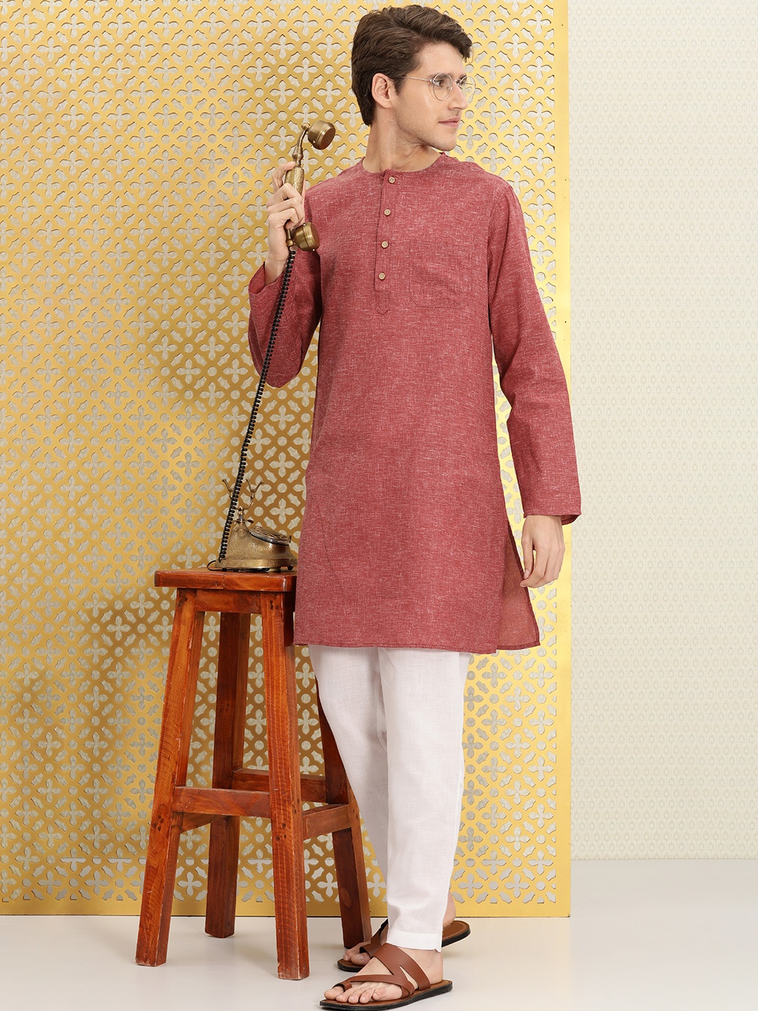 

Ode by House of Pataudi Men Rust Kurta with White Pyjamas