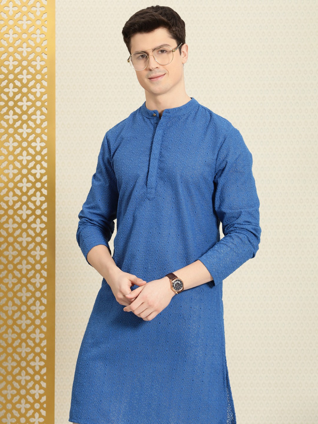 

House of Pataudi Men Ethnic Motifs Embroidered Chikankari Rozana Kurta, Blue