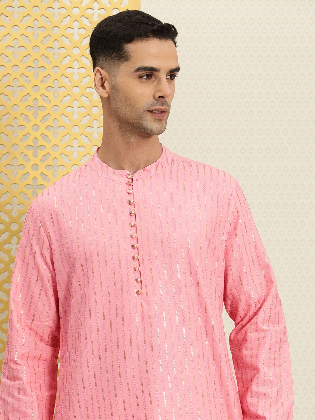 

House of Pataudi Men Pure Cotton Striped Sequined Jashn Kurta, Pink