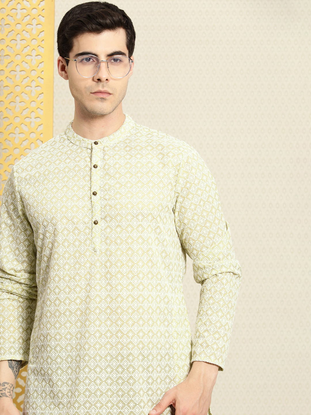 

House of Pataudi Men Ethnic Motifs Embroidered Chikankar Rozana Kurta, Green