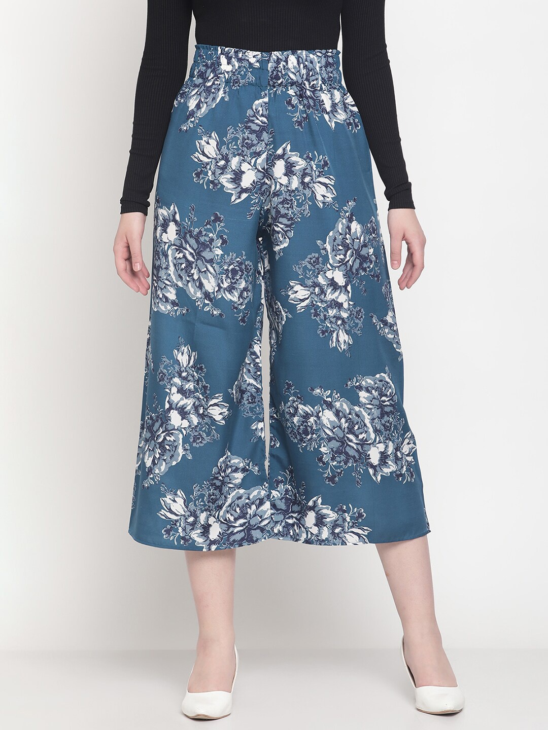 

COASTLAND Women Navy Blue & White Floral Striped Crepe Cropped Palazzos