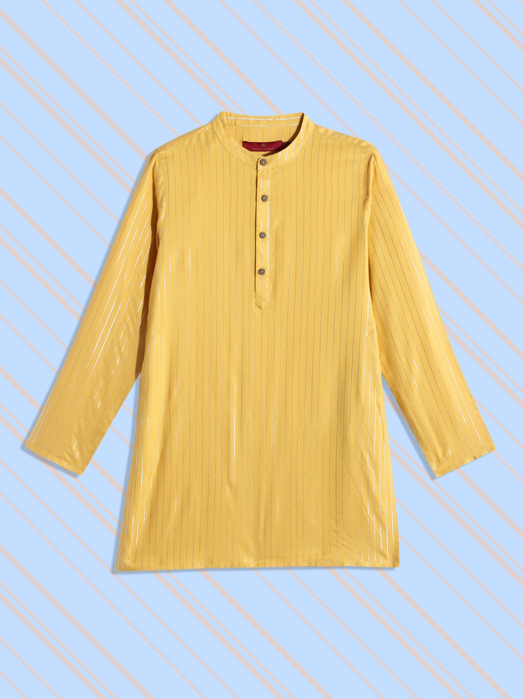 

House of Pataudi Jashn Boys Mustard Yellow Striped Mandarin Collar Viscose Straight Kurta