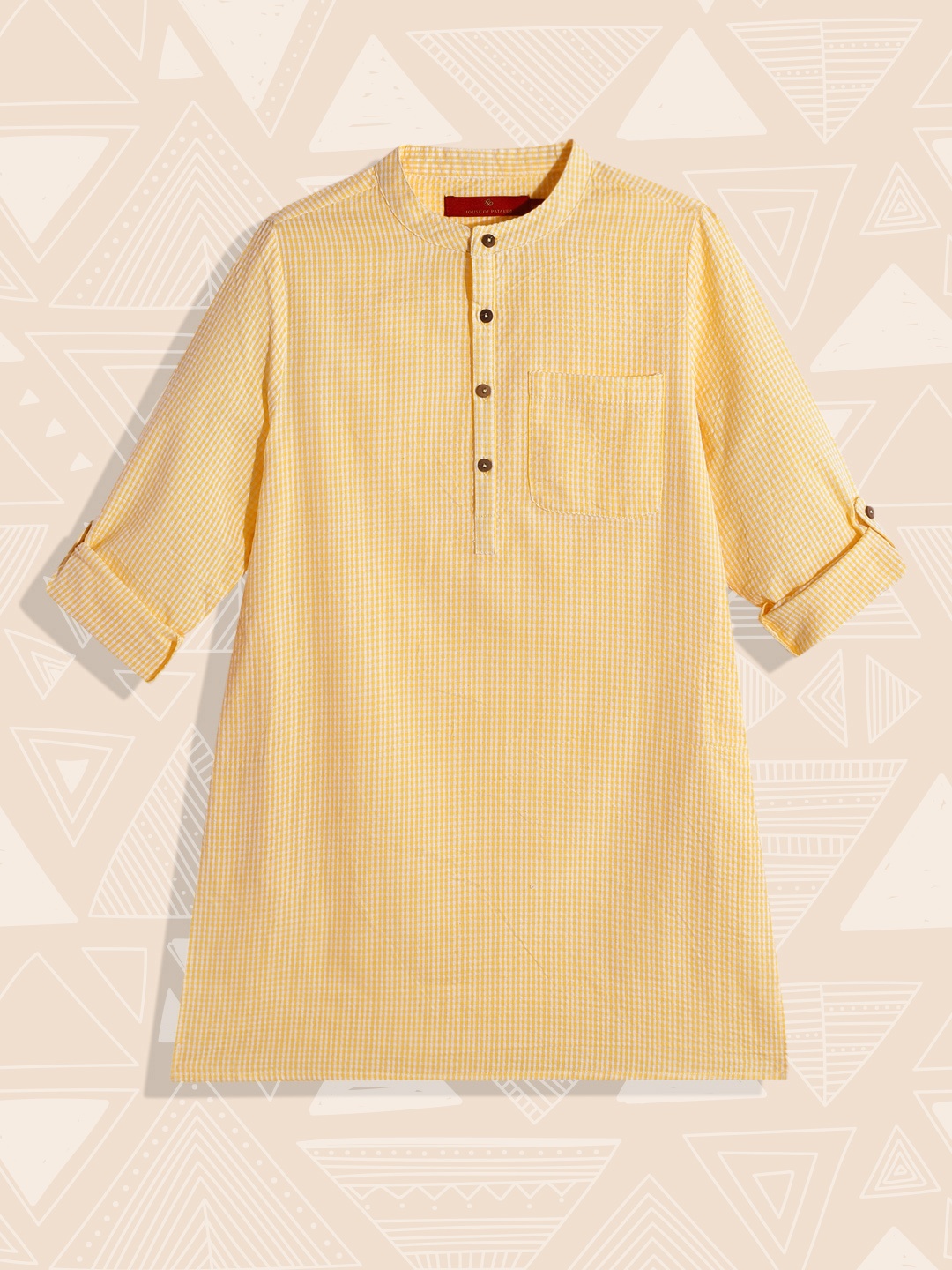 

House of Pataudi Jashn Boys Yellow & White Checked Mandarin Collar Pure Cotton Kurta
