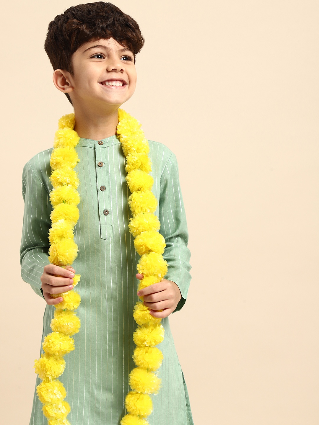 

House of Pataudi Boys Green Striped Kurta