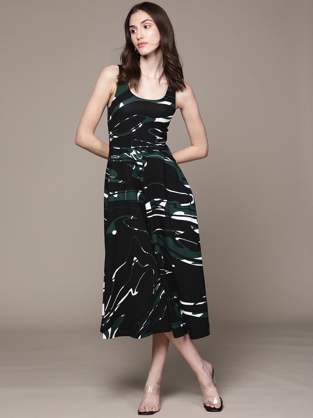 

Macy's Alfani Black & Green Abstract Print A-Line Midi Dress