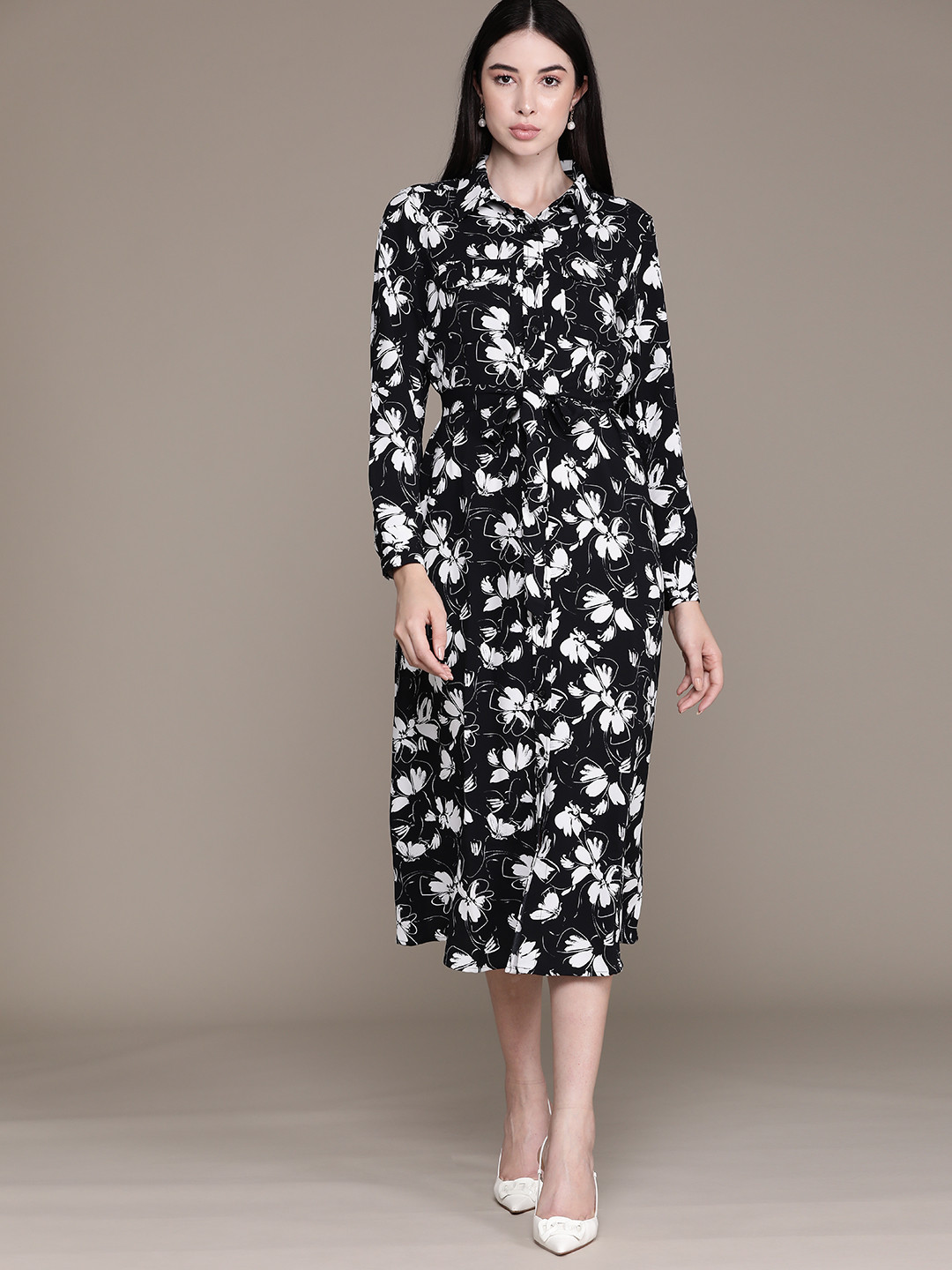

Macy's Alfani Women Floral Print Shirt Midi Dress, Black