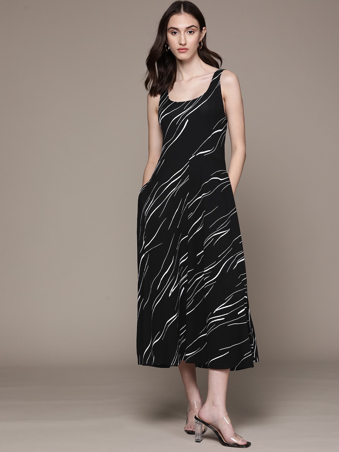 

Macy's Alfani Black & White Abstract Print A-Line Midi Dress