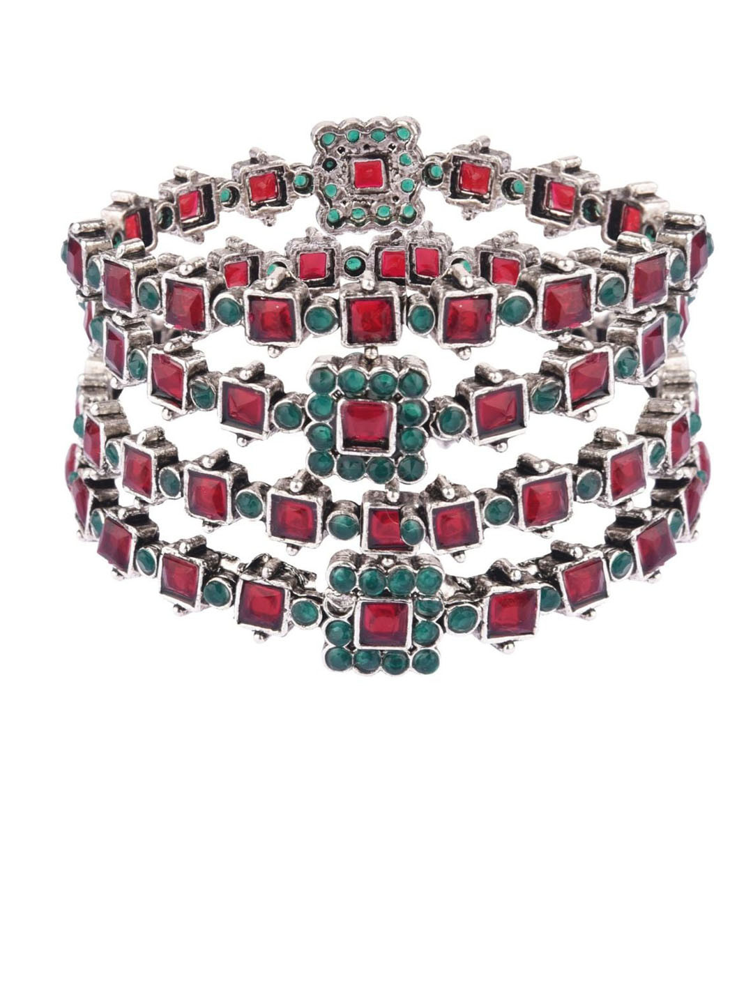 

Efulgenz 4 Pieces Pink & Green Oxidised Crystal Bangle Set