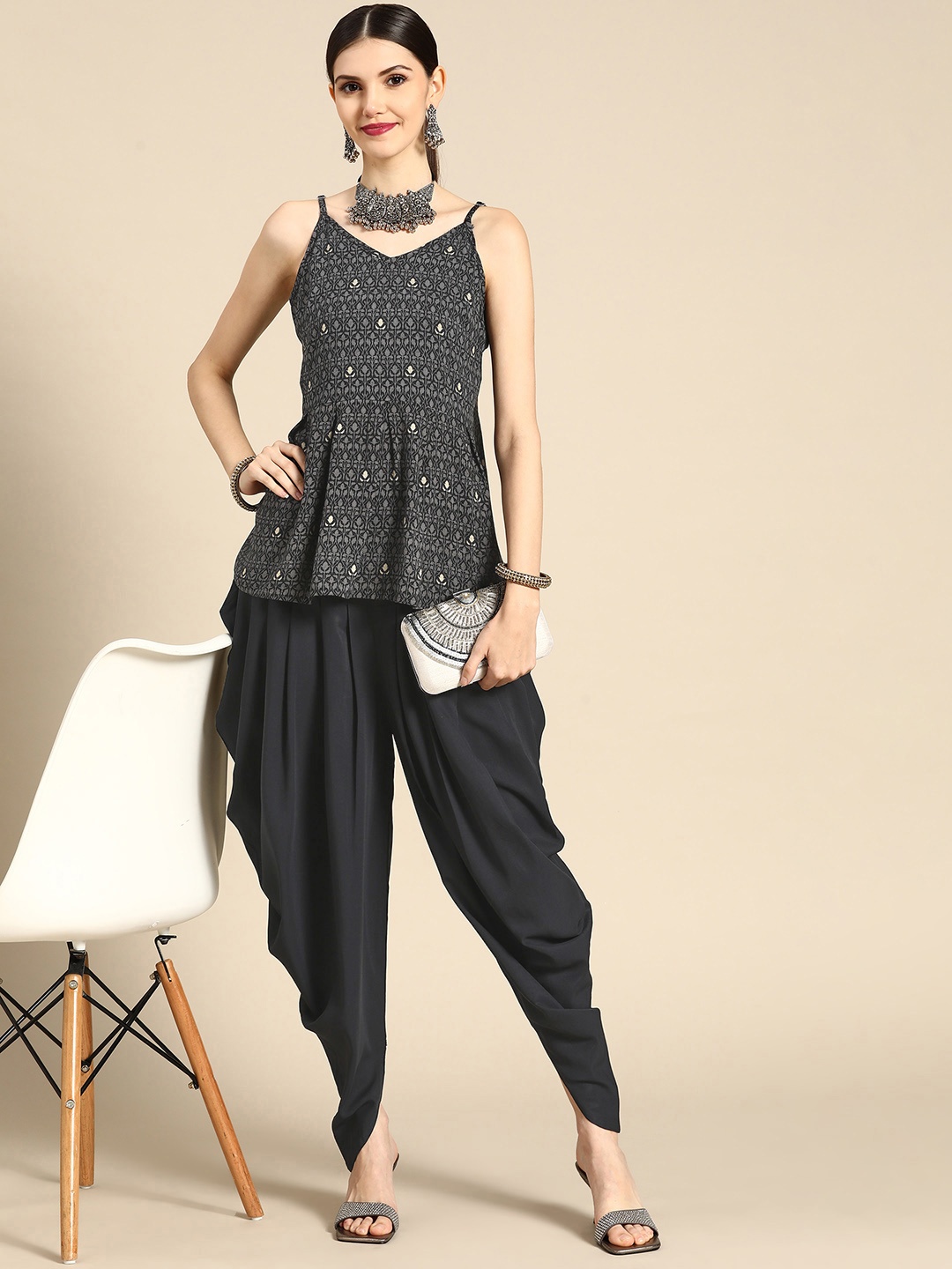 

Anouk Women Navy Blue Ethnic Motifs Printed Kurti with Dhoti Pants