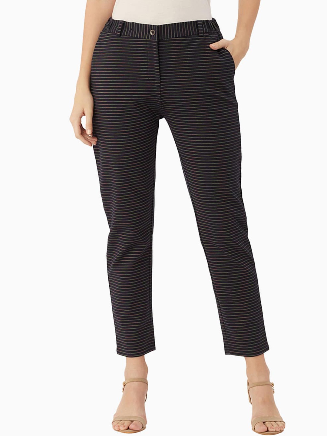 

EDRIO Women Navy Blue Striped Straight Fit Trousers