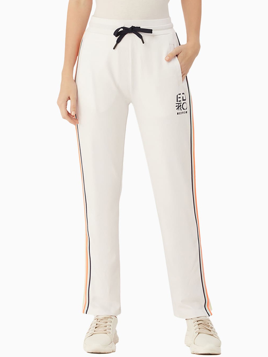 

EDRIO Women White Solid Cotton Track Pants With Side Stripes