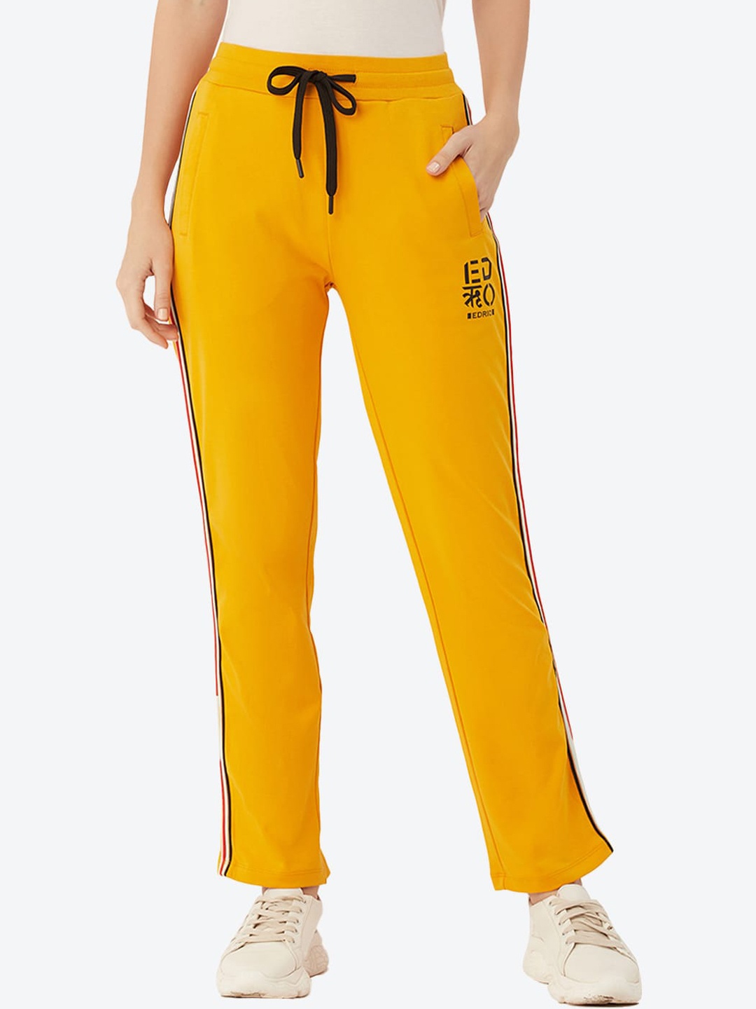 

EDRIO Women Mustard Yellow Striped Cotton Track Pants