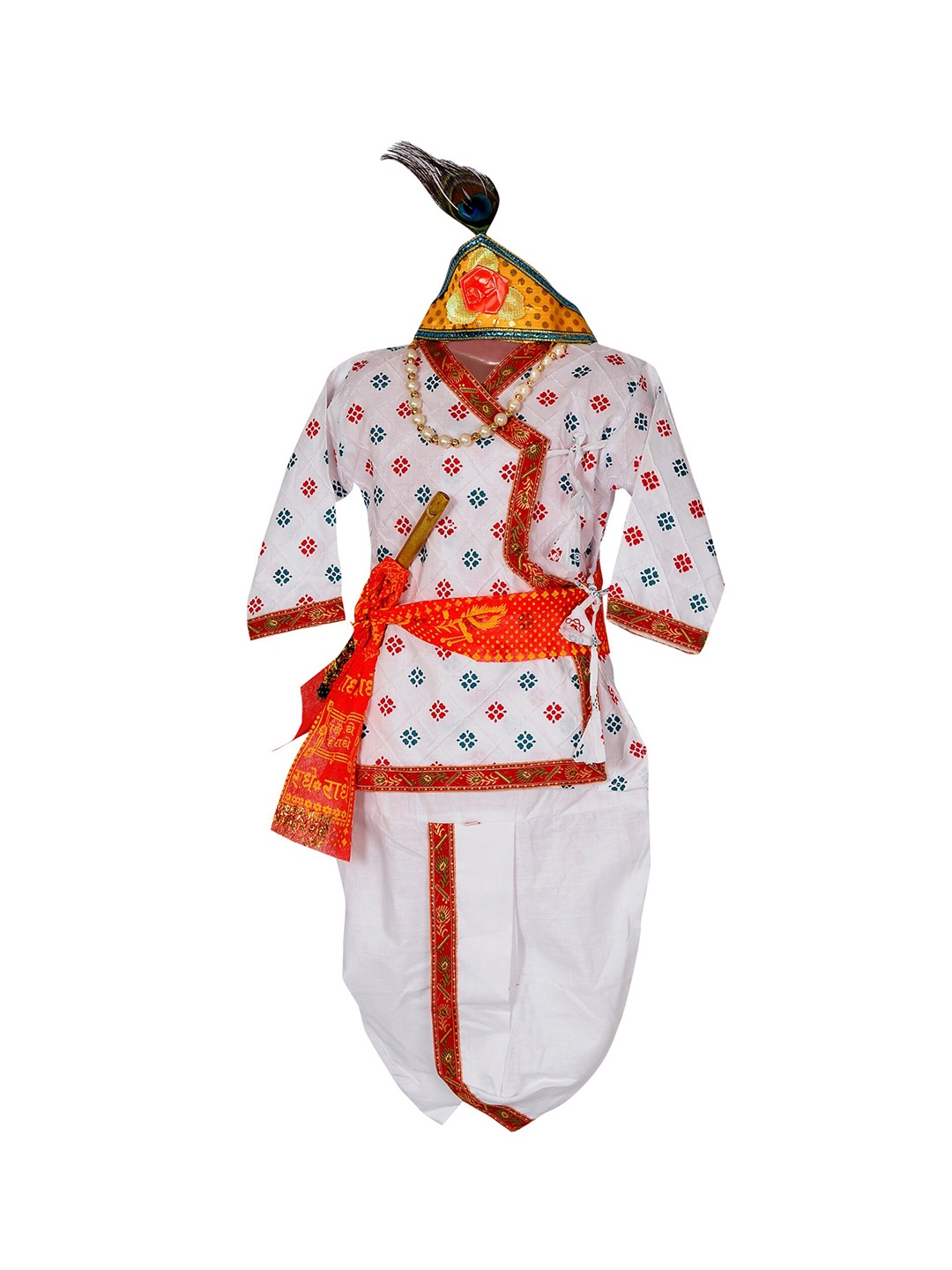 

ahhaaaa Boys White Floral Printed Pure Cotton Kurta with Dhoti Pants & With Dupatta