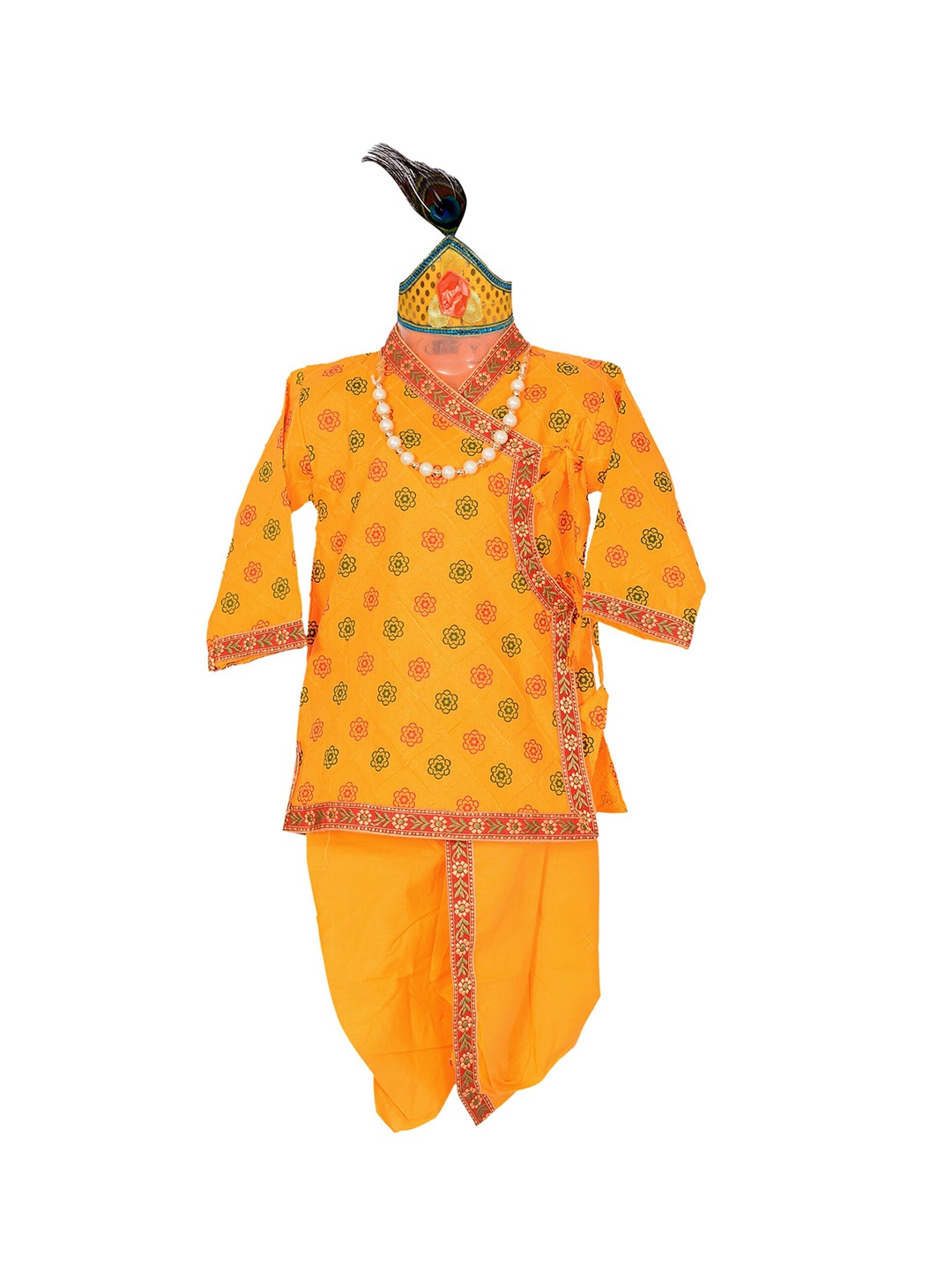 

ahhaaaa Boys Yellow Floral Printed Angrakha Pure Cotton Kurta with Dhoti Pants