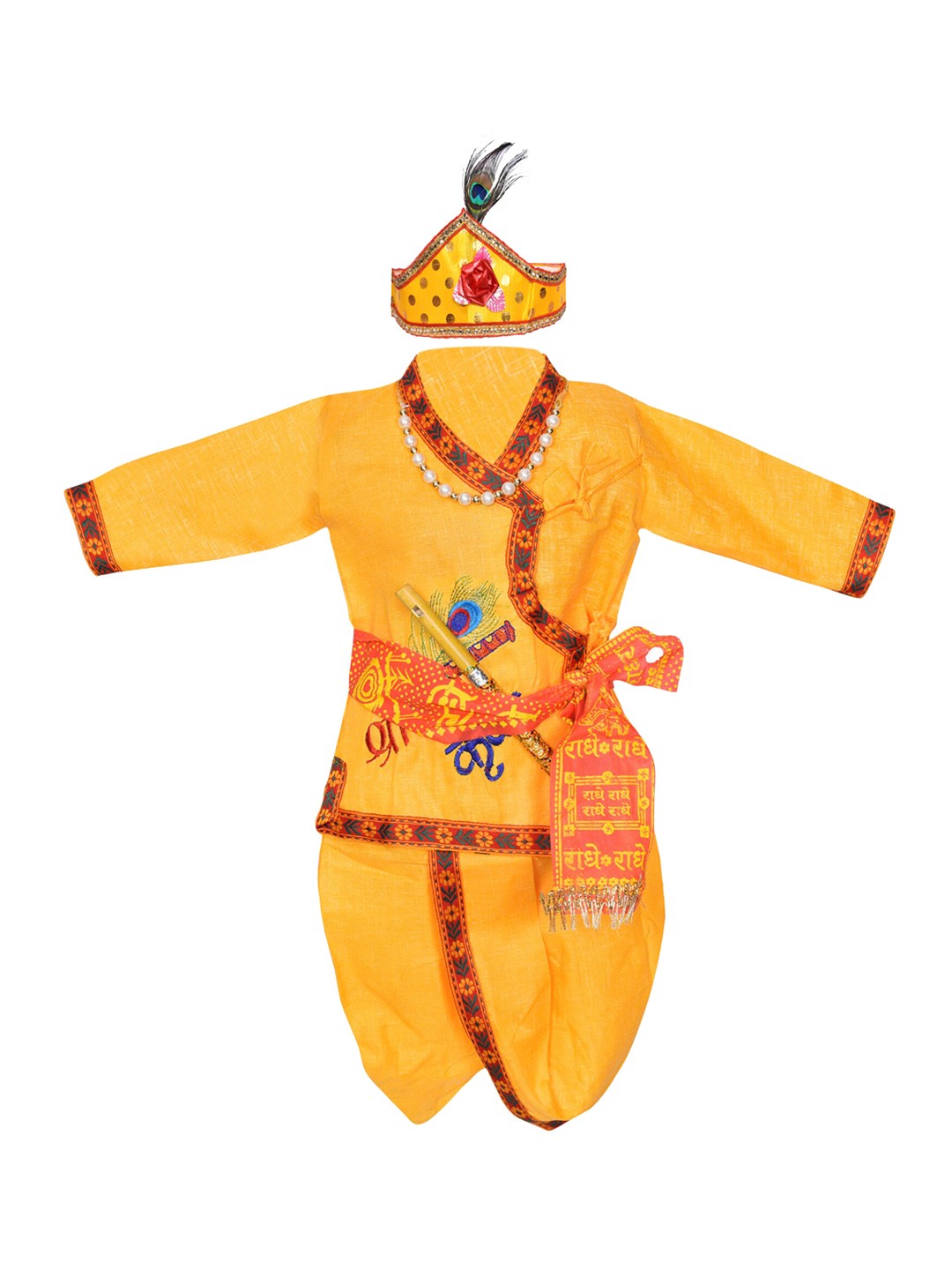 

ahhaaaa Boys Yellow Floral Embroidered Angrakha Pure Cotton Kurti with Dhoti Pants