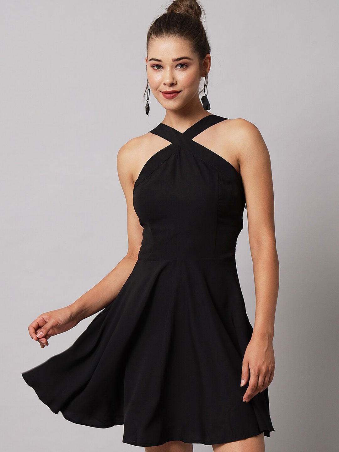 

emeros Black Halter Neck Crepe Fit & Flare Mini Dress