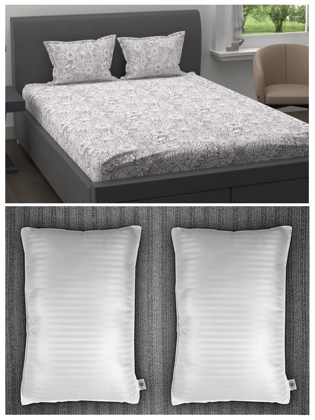 

Trident Set of 200 TC Cotton 1 King Bedsheet with 2 Pillow Covers & 2 Striped Pillows, White