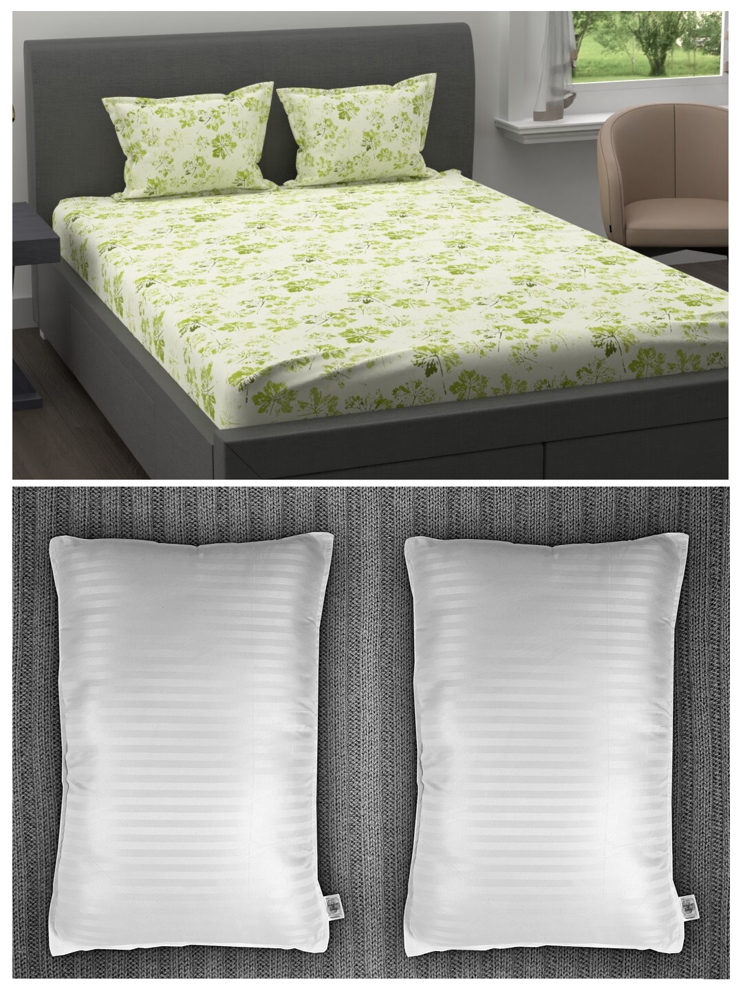 

Trident Set of 200 TC 1 King Bedsheet with 2 Pillow Covers & 2 Striped Pillows, Green
