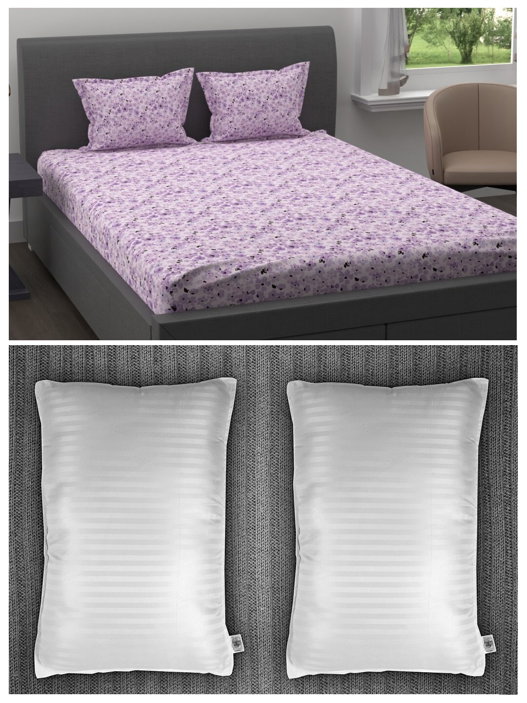 

Trident Set of 1 King Size Sheet Set with 2 Pillow Covers & 2 Striped Pillows, Purple