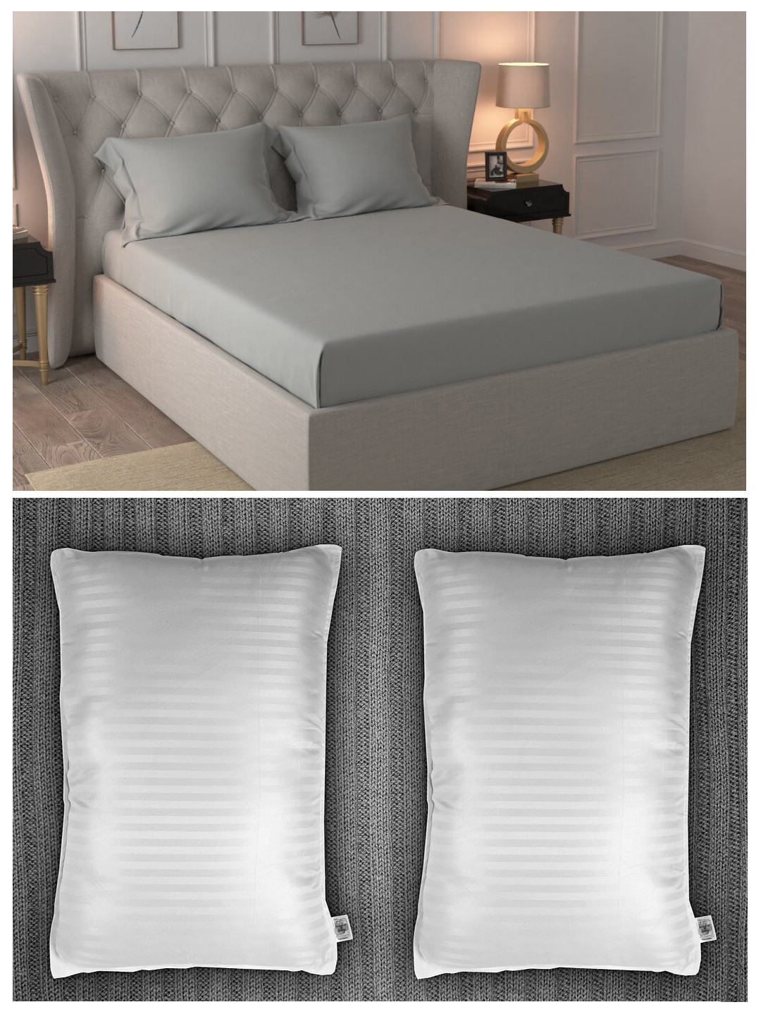 

Trident Set of 300 TC Cotton 1 King Bedsheet with 2 Pillow Covers & 2 Striped Pillows, Grey