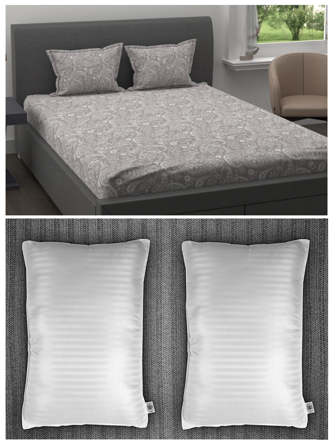 

MYTRIDENT Set of 1 King Size Bedsheet Set with 2 Pillow Covers 2 Striped Pillows, Grey