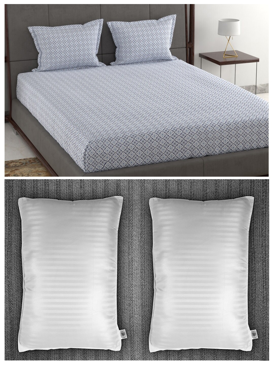 

Trident Set of 144 TC Cotton 1 King Bedsheet with 2 Pillow Covers & 2 Striped Pillows, Grey