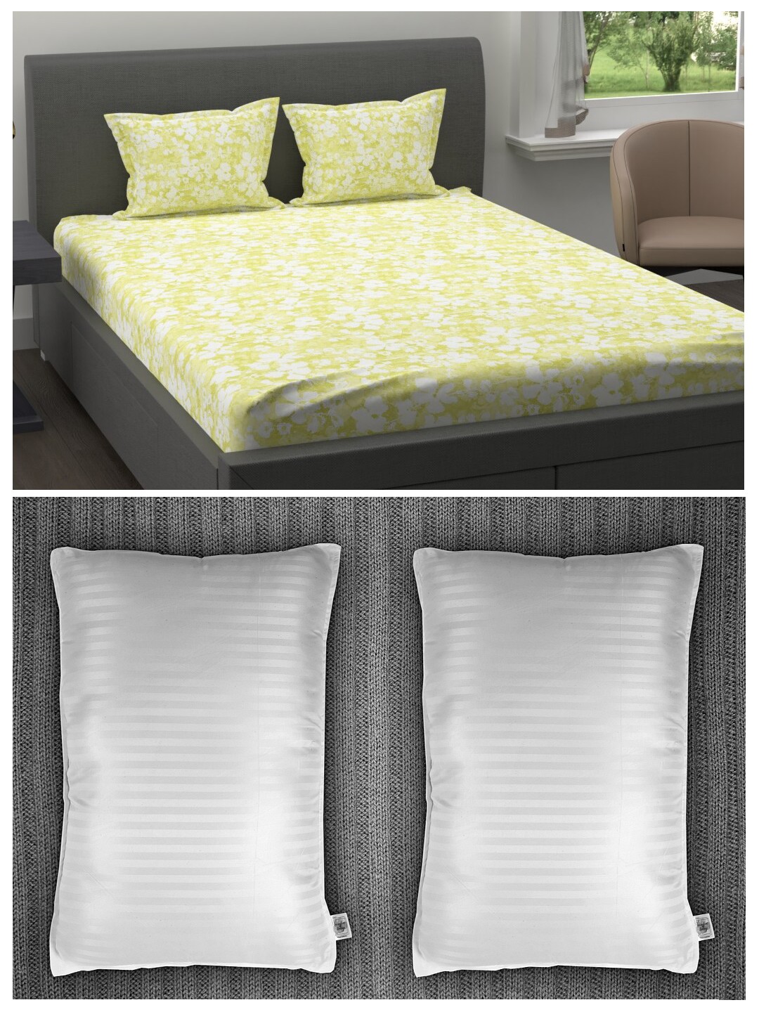 

Trident Set of 200 TC 1 King Bedsheet with 2 Pillow Covers & 2 Striped Pillows, Yellow