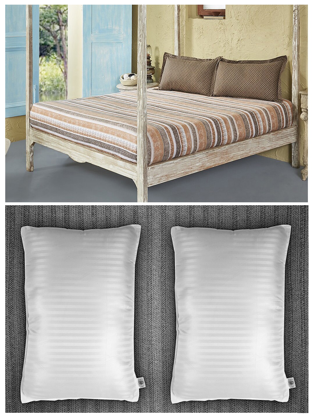 

Trident Set of 144 TC Pure Cotton King Bedsheet With 2 Pillow Covers & 2 Striped Pillows, Brown