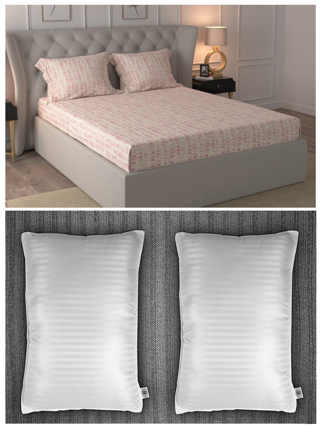 

Trident Set of 144 TC 1 Queen Bedsheet with 2 Pillow Covers & 2 Striped Pillows, Pink