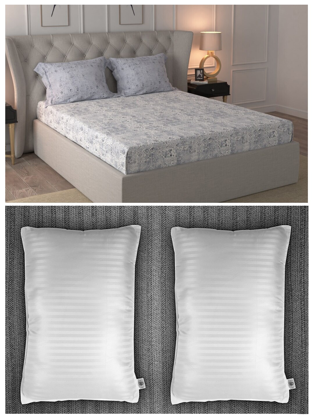 

Trident Set of 180 TC King Bedsheet with 2 Pillow Covers & 2 Striped Pillows, Grey