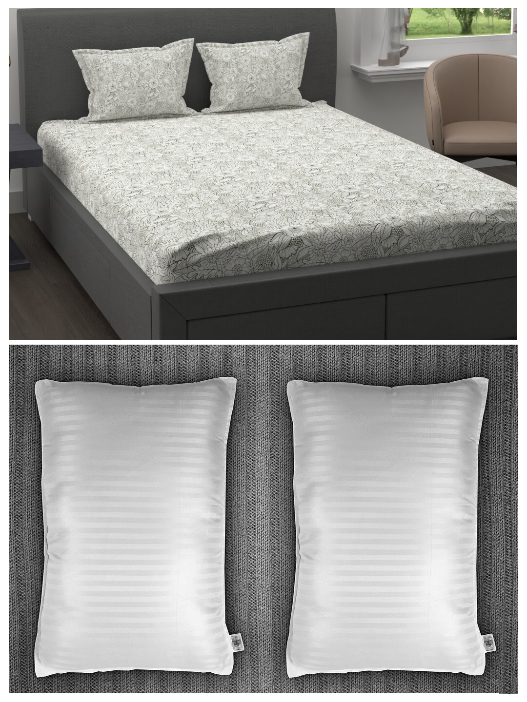 

Trident Set of 200 TC Cotton 1 King Bedsheet with 2 Pillow Covers & 2 Striped Pillows, White