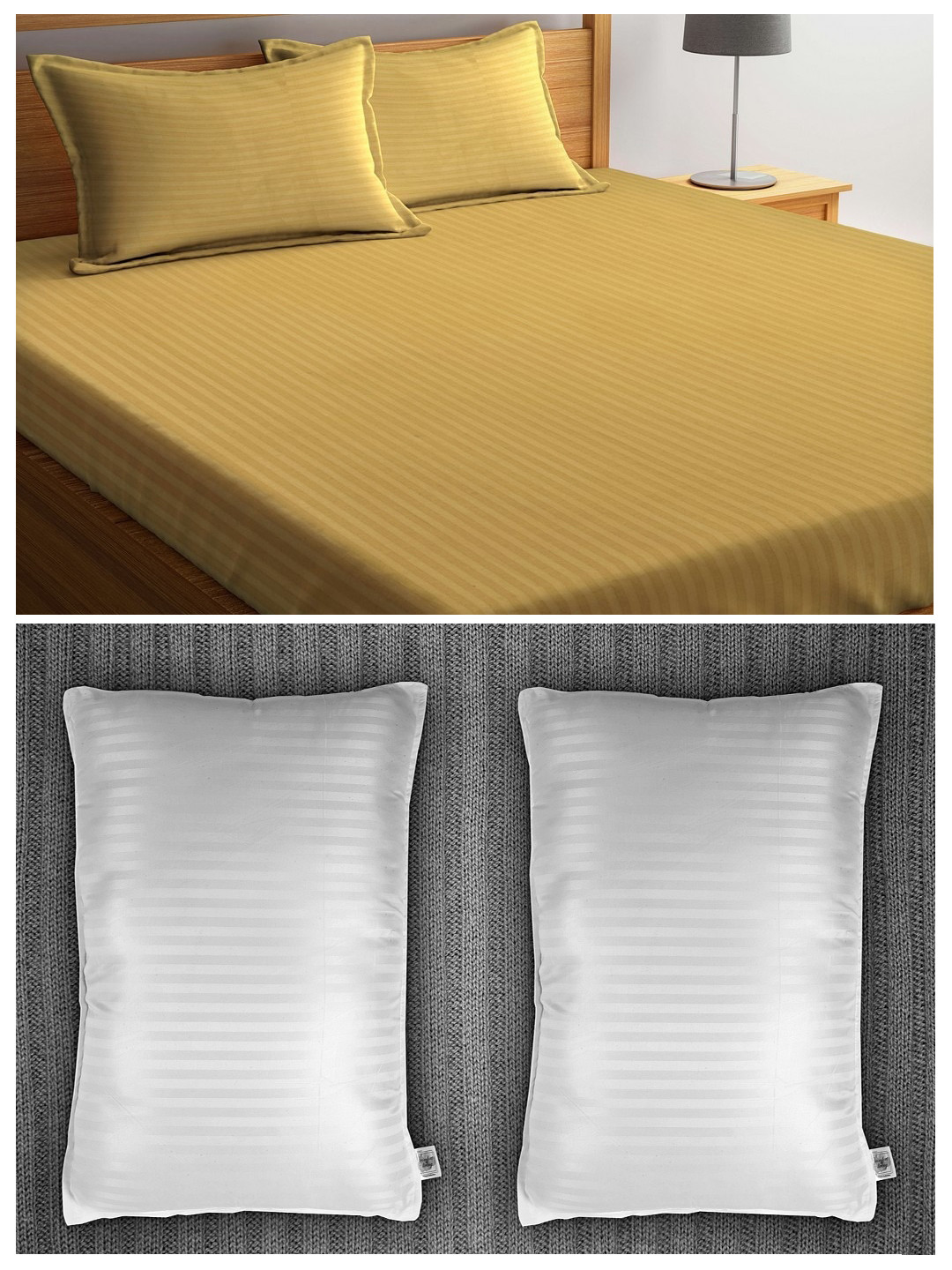 

Trident Set of 210 TC Cotton 1 King Bedsheet with 2 Pillow Covers & 2 Striped Pillows, Yellow