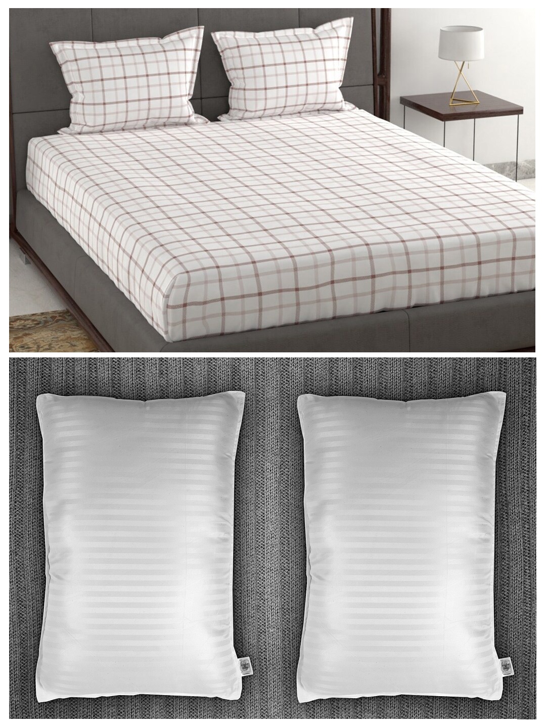 

Trident Set of 144 TC Cotton 1 King Bedsheet with 2 Pillow Covers & 2 Striped Pillows, White