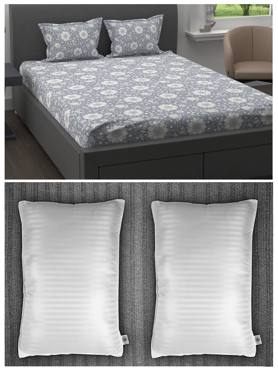 

Trident Set of 200 TC 1 King Bedsheet with 2 Pillow Covers & 2 Striped Pillows, Grey