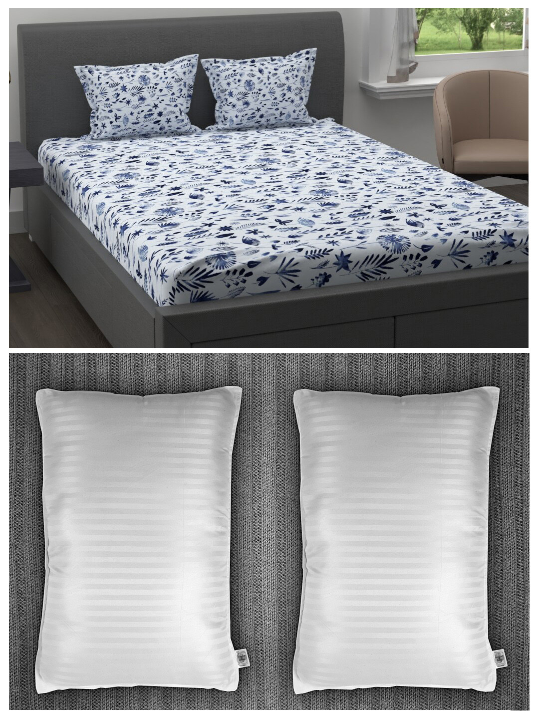

MYTRIDENT Set of 200 TC 1 King Bedsheet with 2 Pillow Covers and 2 Striped Pillows, White