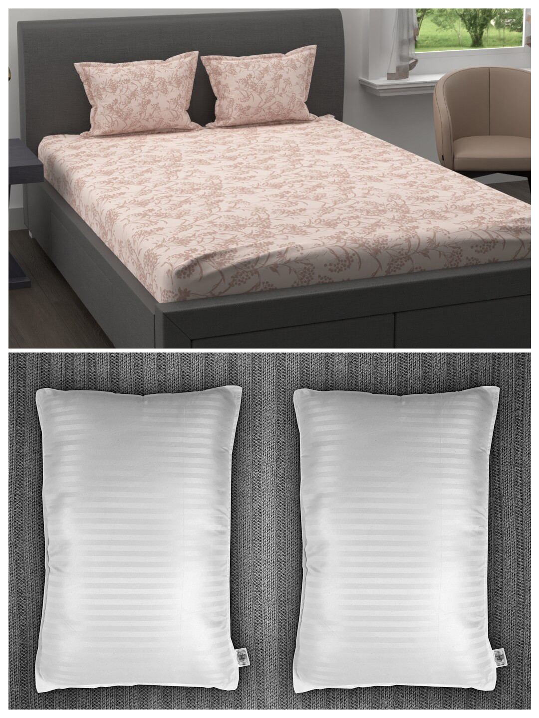 

Trident Set of 200 TC 1 King Bedsheet with 2 Pillow Covers and 2 Striped Pillows, Peach
