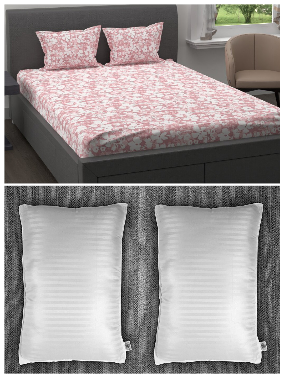 

MYTRIDENT Set of 200 TC 1 King Bedsheet with 2 Pillow Covers and 2 Striped Pillows, Pink