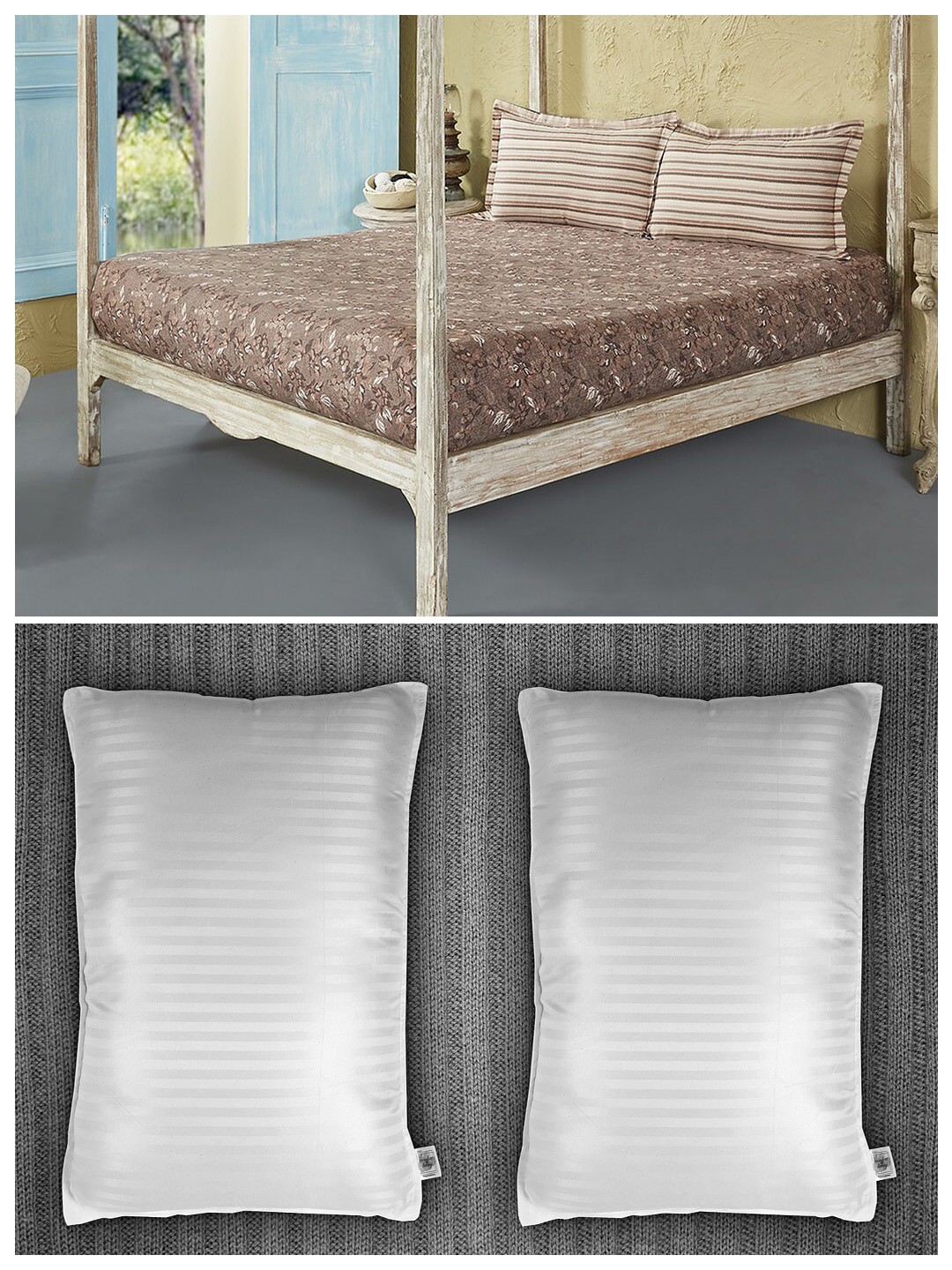 

Trident Set of 144 TC 1 King Bedsheet with 2 Pillow Covers and 2 Striped Pillows, Brown