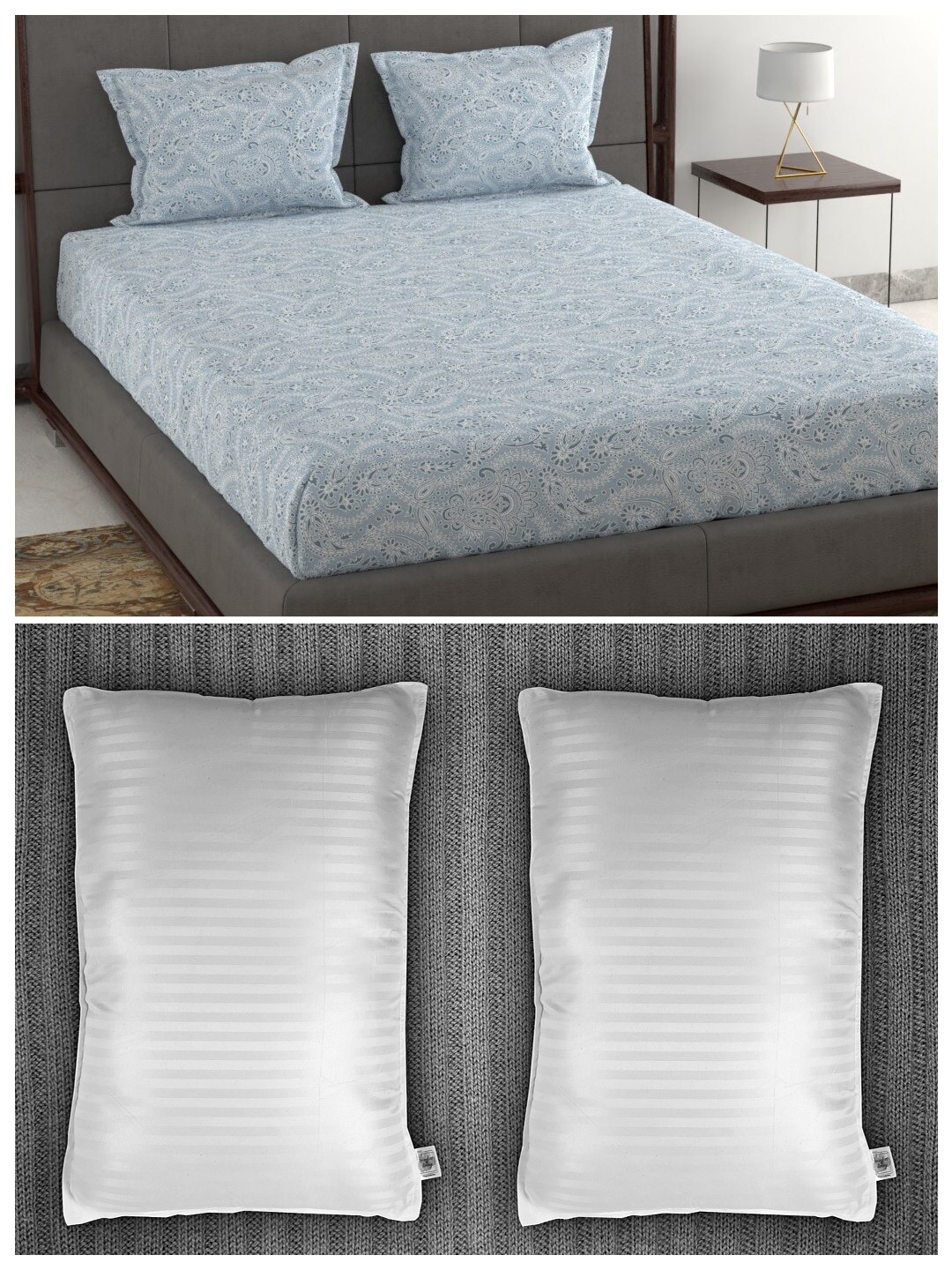 

Trident Set of 144 TC 1 King Bedsheet with 2 Pillow Covers and 2 Striped Pillows, Blue