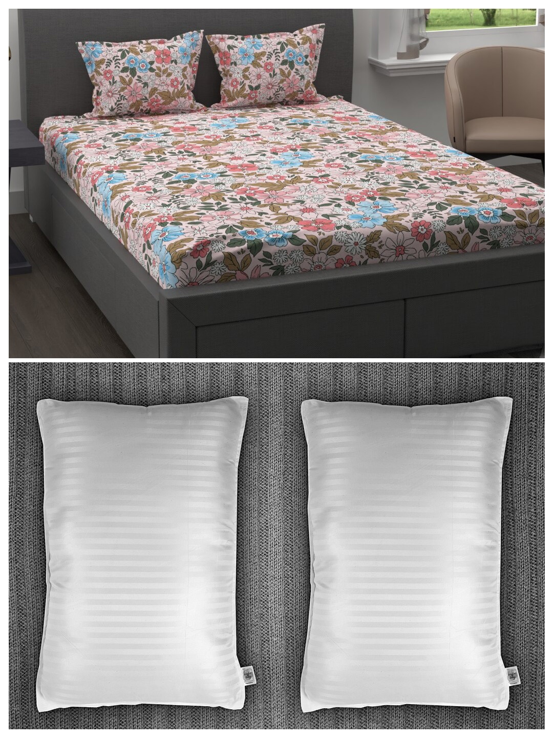 

Trident Set of 200 TC 1 King Bedsheet with 2 Pillow Covers and 2 Striped Pillows, Pink