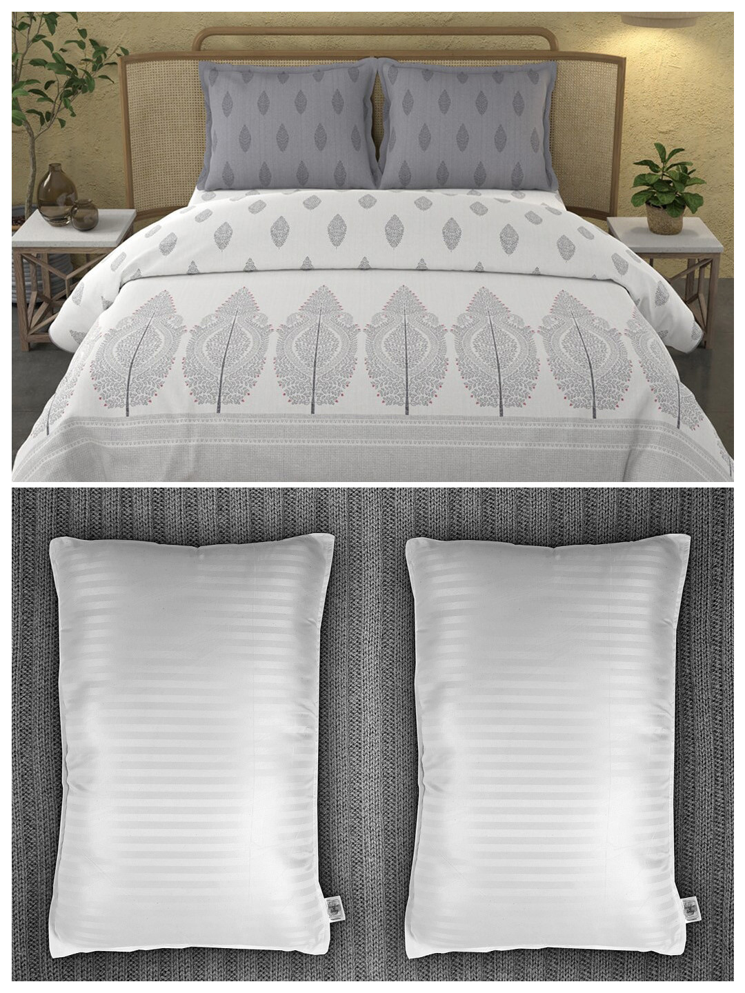 

Trident Set of 180 TC 1 King Bedsheet with 2 Pillow Covers and 2 Striped Pillows, White