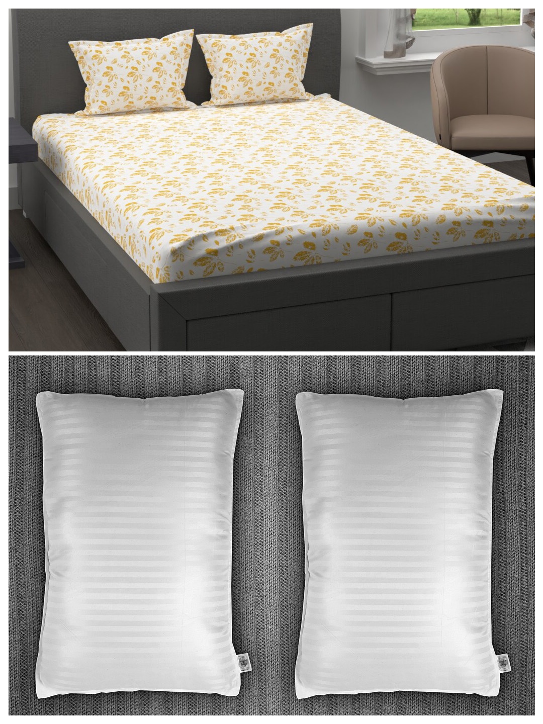 

Trident Set of 200 TC 1 King Bedsheet with 2 Pillow Covers and 2 Striped Pillows, White