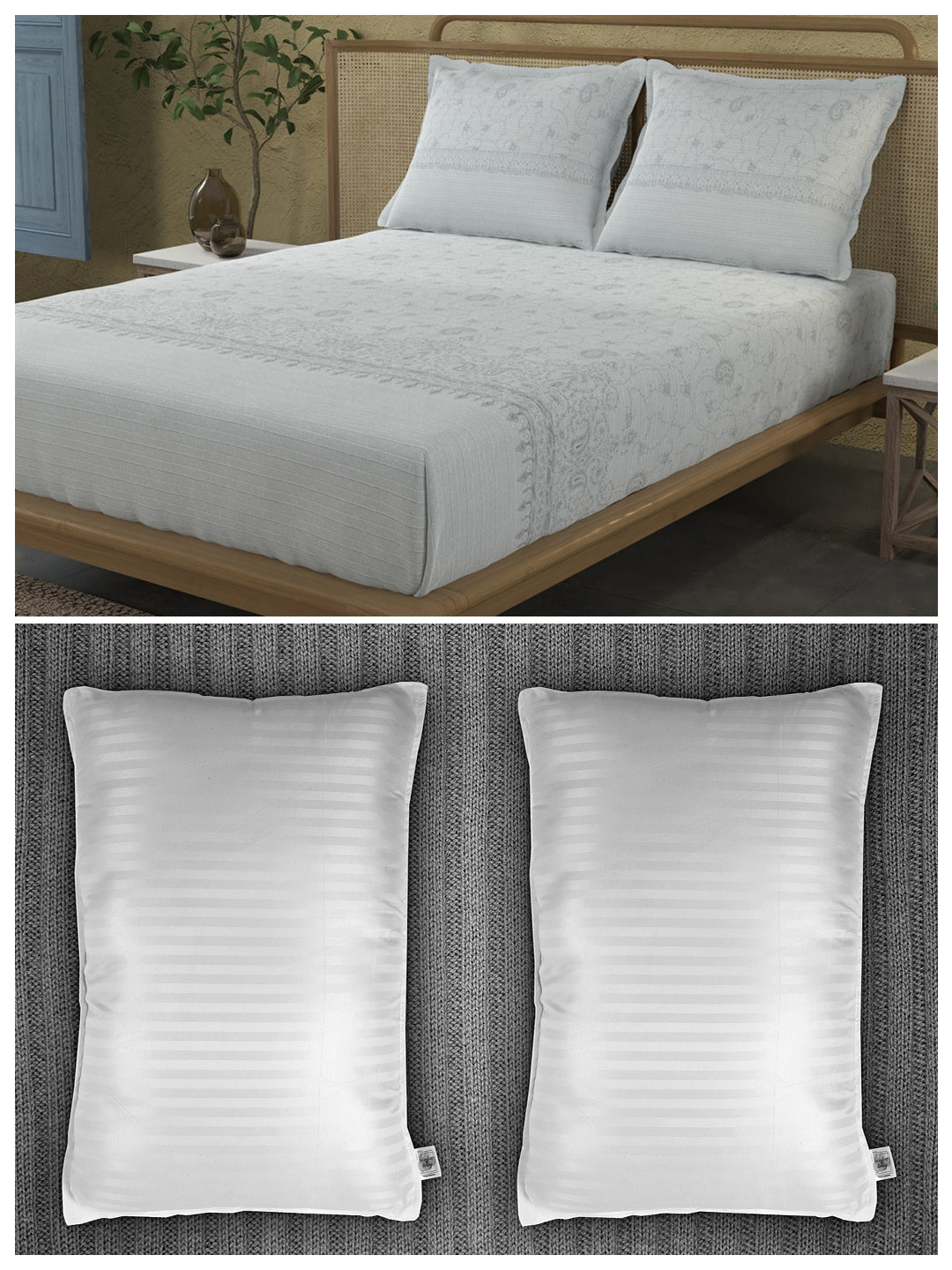 

Trident Set of act144 TC 1 King Bedsheet with 2 Pillow Covers and 2 Striped Pillows, Grey