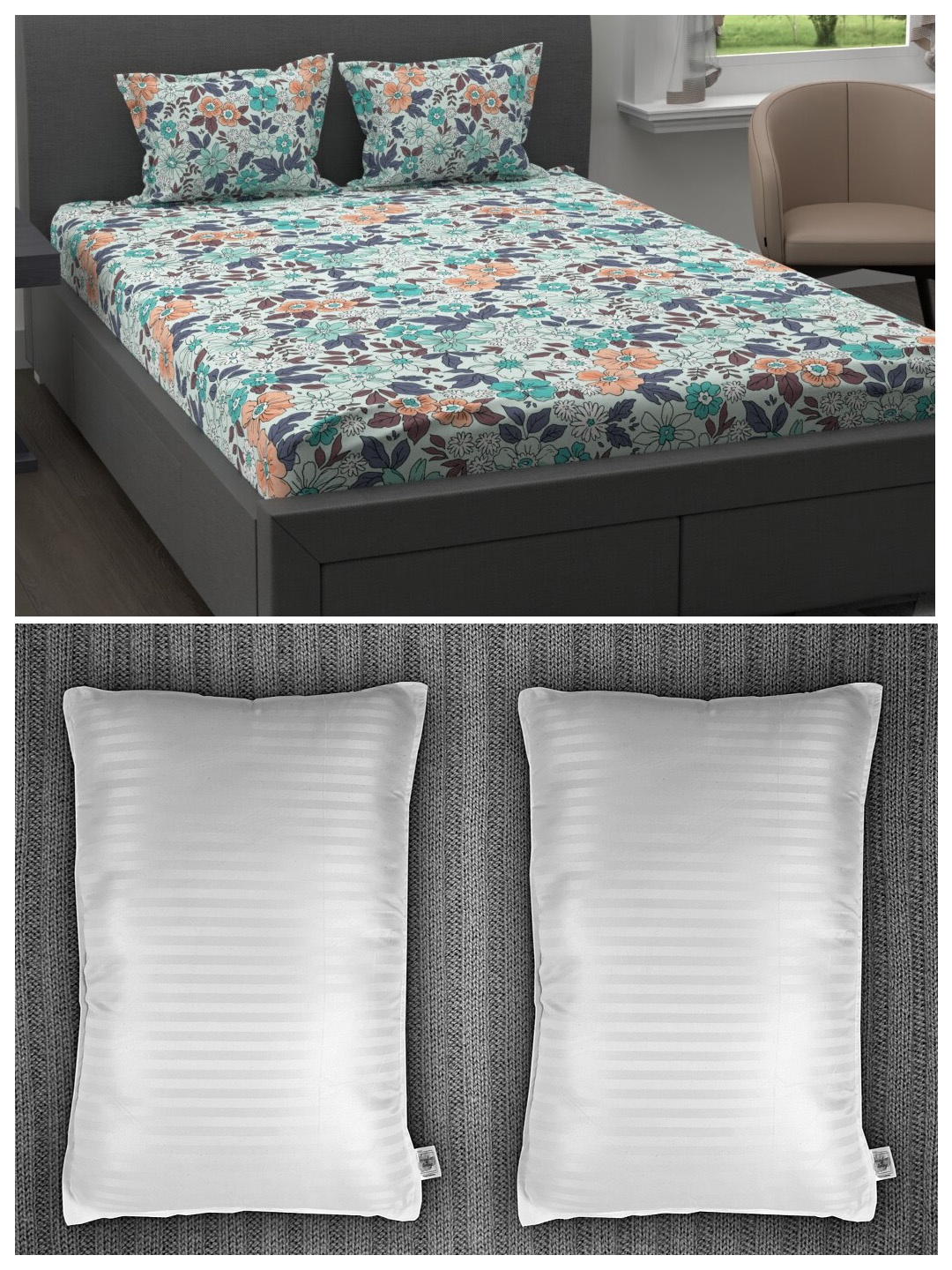 

Trident Set of 200 TC 1 King Bedsheet with 2 Pillow Covers and 2 Striped Pillows, Blue