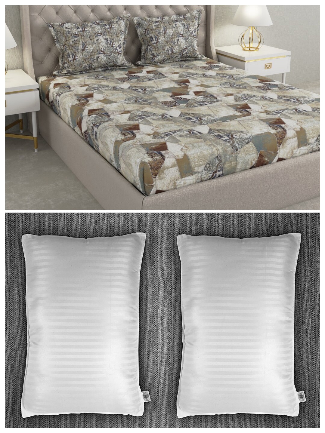 

Trident Set of 210 TC 1 King Bedsheet with 2 Pillow Covers and 2 Striped Pillows, Grey